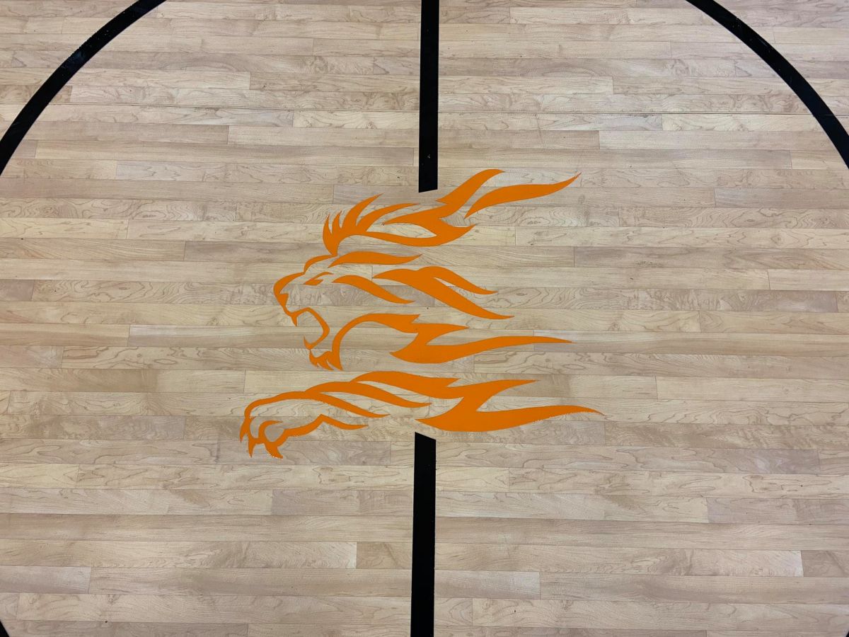 An orange outline of a lion's head is the mascot for Ludlow Elementary School